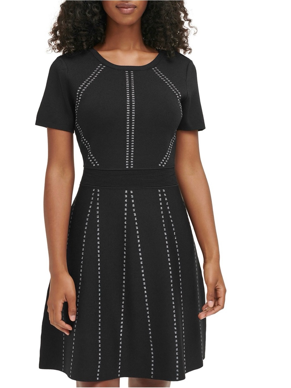 Karl Lagerfeld Paris Black Metallic Fit & Flare Knit Dress Knee Length